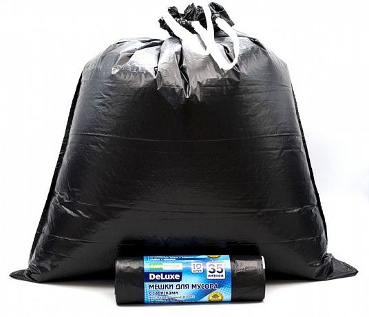 Мешки для мусора 35 л с завязками 30 мкм, ПСД, черные 3 слоя (в рулоне 10 штук, 50х60 см) Deluxe - Вид 2